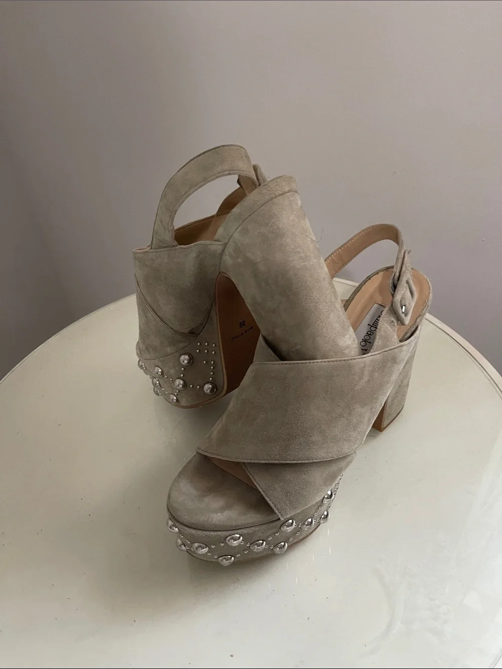 Platform Suede Slingback Sandals with Gem Embellishments - Beige